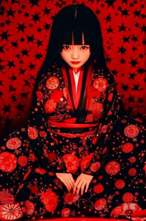 Dark night fog、Dark night fog、Dark night fog、Highest quality,Beautiful Japanese girl in a very elaborate red kimono、Spread your legs and show your vagina、(((((red background))))