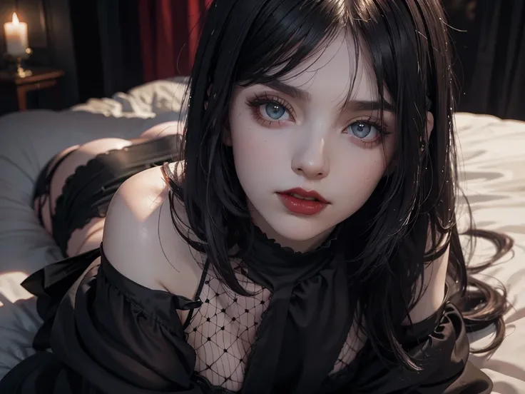 (best quality,highres),(realistic:1.37),dark,goth,woman, eyes,detailed face,black clothes,bobcut black hair,straight bangs,pale skin,red lipstick,intense expression,mysterious atmosphere,gothic background,dim lighting,night,vivid colors, fishnets, topless,...