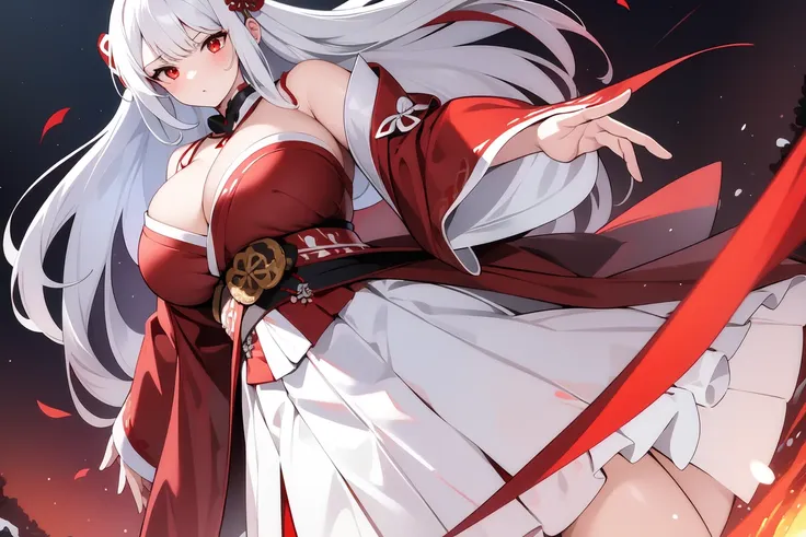 1girl, white hairs, red eyes, white-red  kimono, long hair, katana, massive breasts, mature, armored skirt, lake, night, red fabric around neck, cleavage