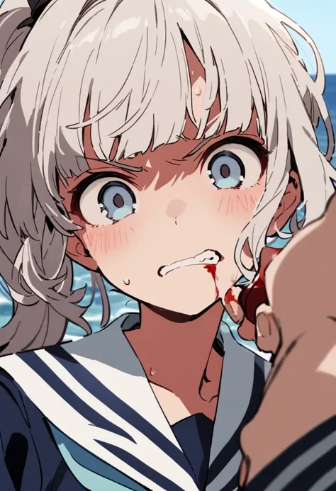 the summer hikaru died, very detailed face, sailor uniform, white haired girl with wavy hair high ponytail and split bangs, scary expression, wiping blood off lip, low angle, portrait, pov, best quality, masterpiece