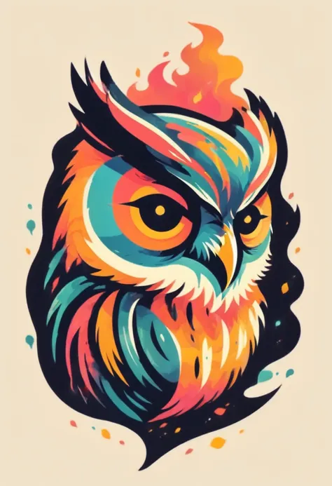 create an illustration on owl type monster with fire, mask type, colorful tattoo design, logo type, t-shirt design, pastel paint...