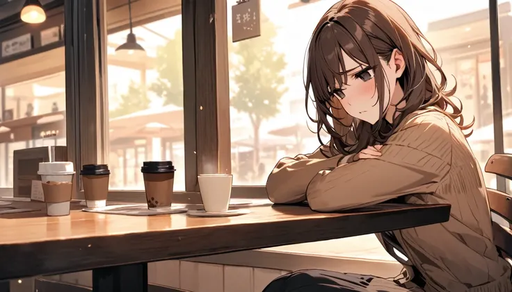 Beautiful and cute,single,long brown hair,beautiful black eyes,Sitting slumped at the table, looking out the window.,Make a sad face,At the coffee shop atmosphere table