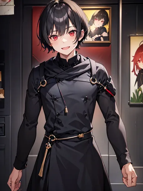 a young man with short black hair below his ears, red eyes, black clothes and looking straight ahead with a wide smile, happy to...