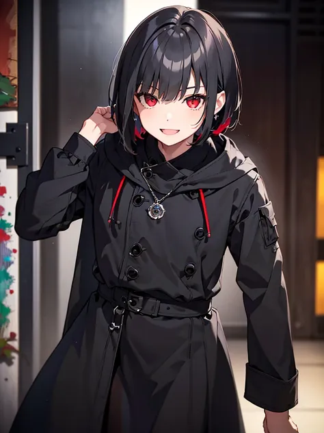 a young man with short black hair below his ears, red eyes, black clothes and looking straight ahead with a wide smile, happy to...