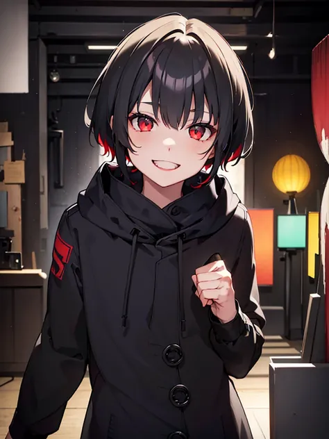 a young man with short black hair below his ears, red eyes, black clothes and looking straight ahead with a wide smile, happy to...