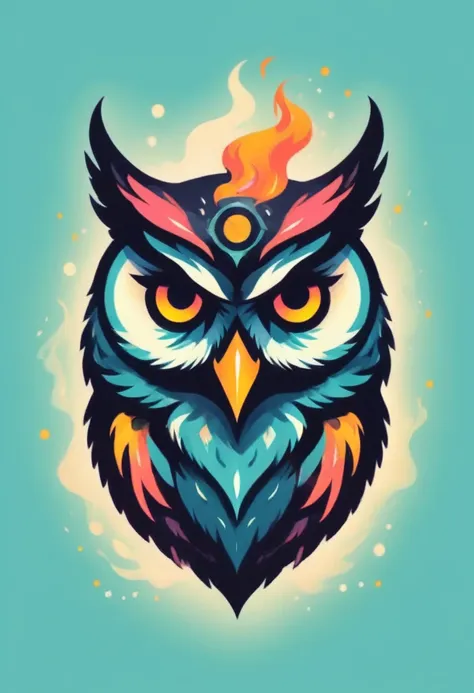 create an illustration on owl type monster with fire, mask type, colorful tattoo design, logo type, t-shirt design, pastel paint...