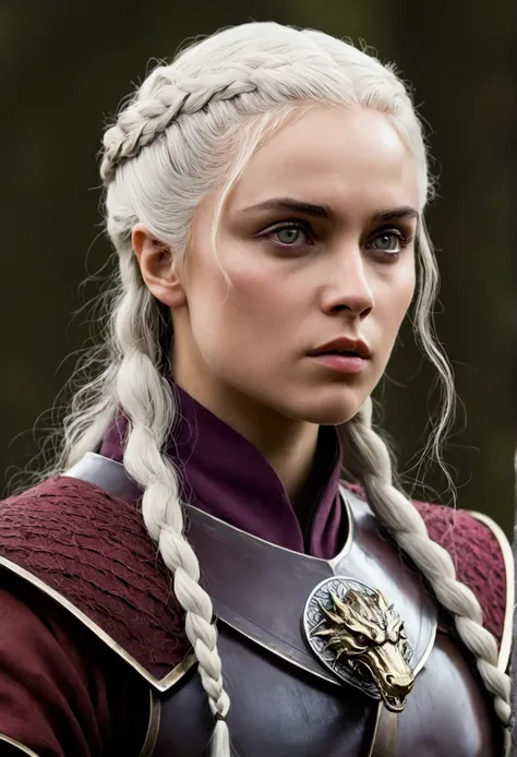 Hair: Silver or gold, typical of the Targaryens, usually worn in a practical and martial style, often braided or updo.Eyes: violets, a distinctive feature of the Targaryen family.Complexion: Athletic and strong, reflecting her skill as a warrior. She was k...