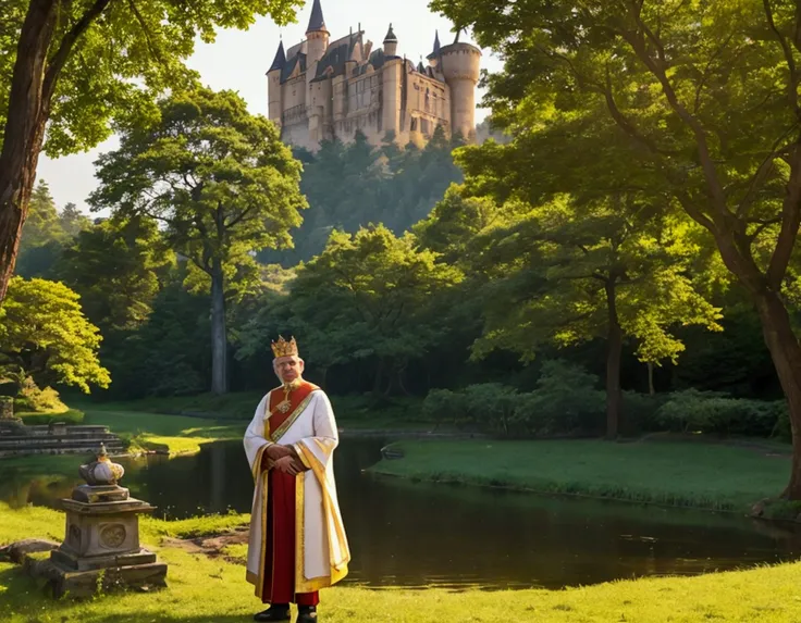 A majestic castle stands grandly in the background, bathed in the warm glow of a setting sun. In the foreground, amidst the lush greenery of a serene forest, an elderly king, adorned in royal attire and a crown, gestures towards the castle. Beside him stan...