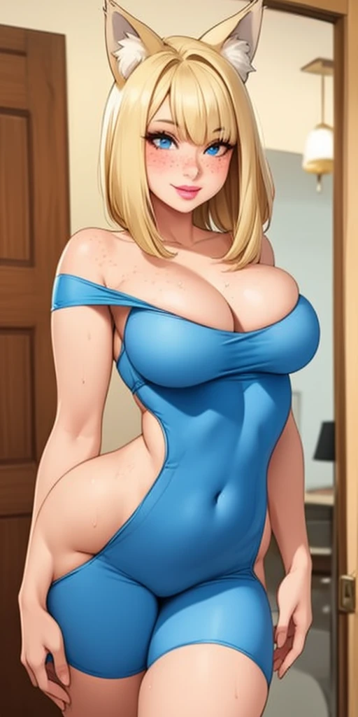 Beautiful round medium breasts, 1girl, ((blonder hair, bangs cover the eyes)) ((wolf girl, cute girl face)) light blue eyes, has an beautiful sensual body with freckles, with full Blue fuzzy pajamas, beautiful jumpsuit fabric delicate, has a bold appearanc...