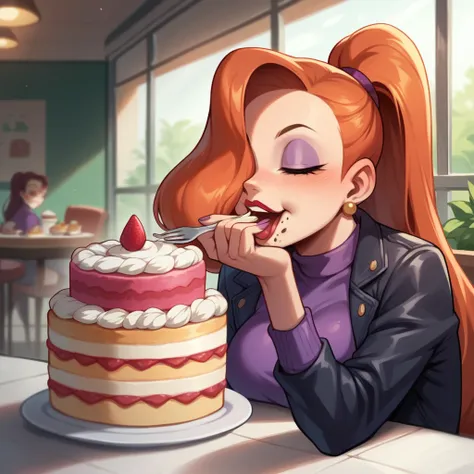 Jessica rabbit eating cake in a cafe, close-up, she is happy eating a cake and coffee, she is wearing a purple shirt and a black jacket, her hair is tied, ponytail