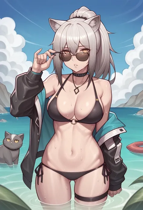 _asura style, 1girl, breasts, swimsuit, solo, schwarz_(arknights), bikini, animal_ears, navel, long_hair, stomach, thigh_strap, grey_hair, black_bikini, looking_at_viewer, jacket, wading, large_breasts, open_clothes, outdoors, sunglasses, cat_ears, off_sho...