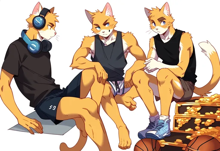 score_9, score_8_up, score_7_up, male, furry, high quality, hires, anthro, teenager, 16 years old, domestic cat, basketball player, bright yellow fur, blue eyes, wide brown eyebrows, confidant expression, humanoid feet, slim body, prominent v-line, promine...