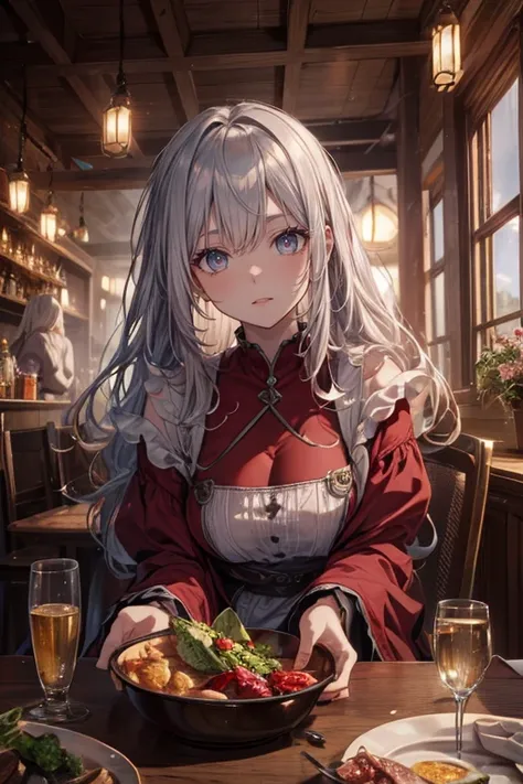 a highly detailed, photorealistic 8K image of a beautiful young woman with long, curvy, messy silver hair and ruby eyes, set in a fantasy old and small tavern, red and white peasant tunic, (dawning light), pink hue cheek, (gentle expression), waitress, awa...