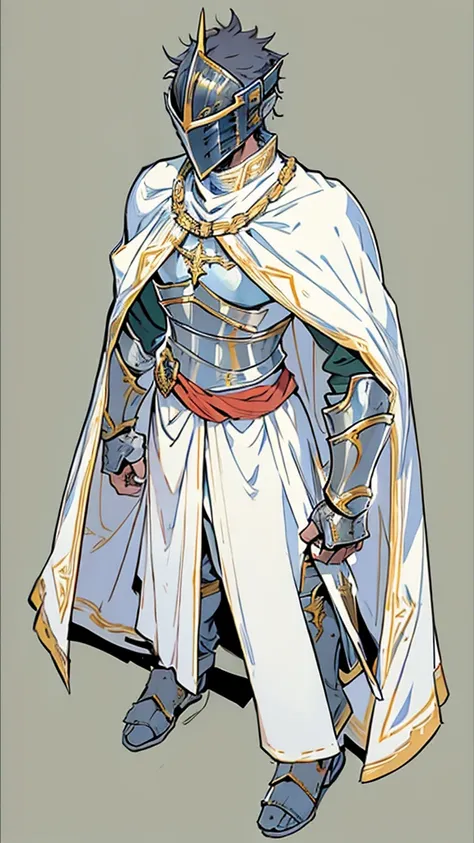 Templar warrior in armor, wearing armor and a white skirt, he also wears a cloak with gold borders