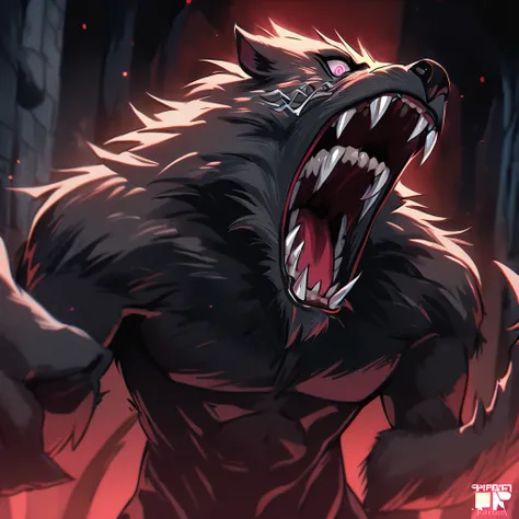 1 men, werewolf, completely black fur, roaring, slenderbody, before elongated arms, razor-sharp claws, sharped teeth, body full of blood, Florest dark, at night, Horror art style, pink eye shining in the night