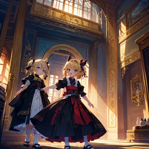 High-definition background, bright and beautiful atmosphere, 3 girls (2 years old, (1 short-tempered round face), (1 child)) (hair, surface effects), color effects), small breasts, blonde hair, inside the castle ,Luxurious room Girls dressed as ninjas, gir...