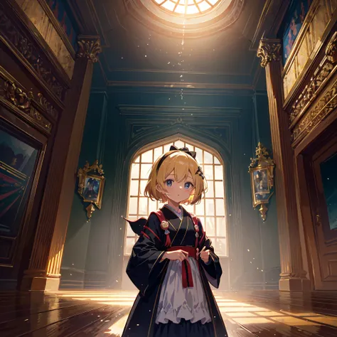 High-definition background, bright and beautiful atmosphere, 3 girls (2 years old, (1 short-tempered round face), (1 child)) (hair, surface effects), color effects), small breasts, blonde hair, inside the castle ,Luxurious room Girls dressed as ninjas, gir...