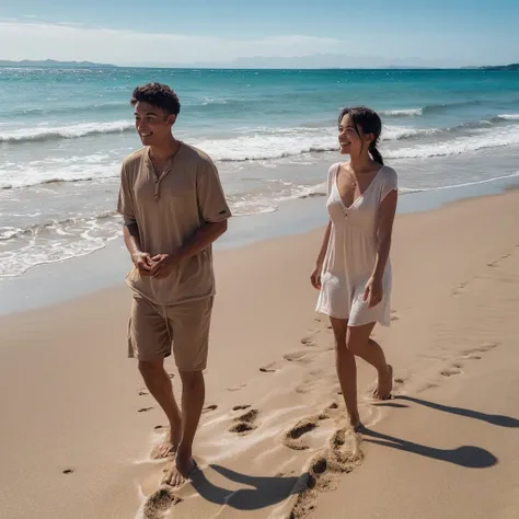 A person covered in sand from head to toe, walking awkwardly on a beach with a comical expression.