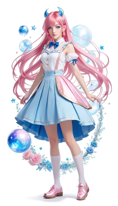 Magical girl, pink hair, blue eye, blue skirt, white top, full body