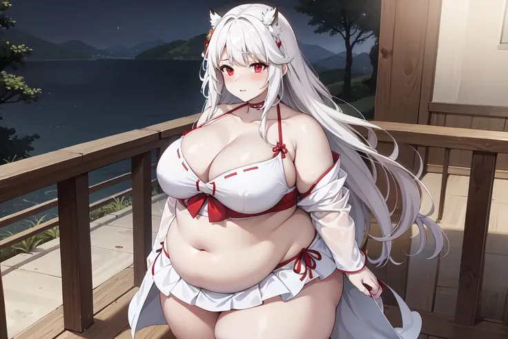 1girl, white hairs, red eyes, skimpy white-red kimono, long hair, massive breasts, mature, lake, night, cleavage, oni, armored s...