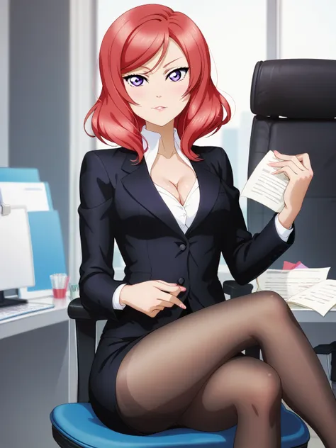 masterpiece, best quality, cowboy shot, nishikino maki,red hair, purple eyes, black formal suit, black pantyhose, sitting , crossed legs , Sexual seduction, sexualised, cleavage ,in office 