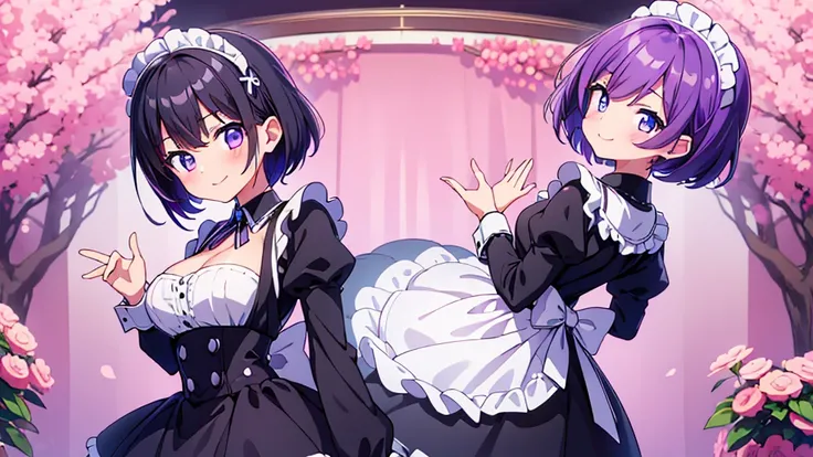 2girls, short purple hair, cute eyes, wearing maid uniform , black and white maid uniform, smiling , full body portraits, medium size Brest , portrait , slightly blushing , hands out of frame , hands behind back , high res, ultrasharp, 8K, masterpiece, loo...