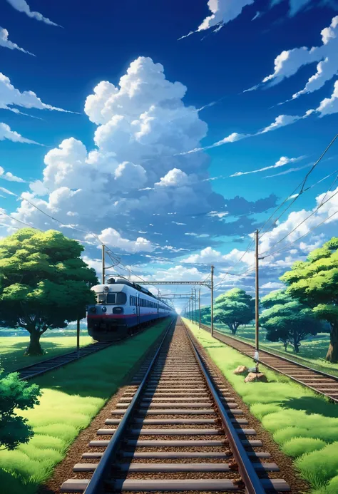 Shinkai Makoto anime style, train crossing track scenery with sky background, exquisite animation, rich details, beautiful harmonious scene, dreamy romantic scene, high quality, clarity 4K, high detail, artistic 4K wallpaper, wonderful anime scenery, vivid...