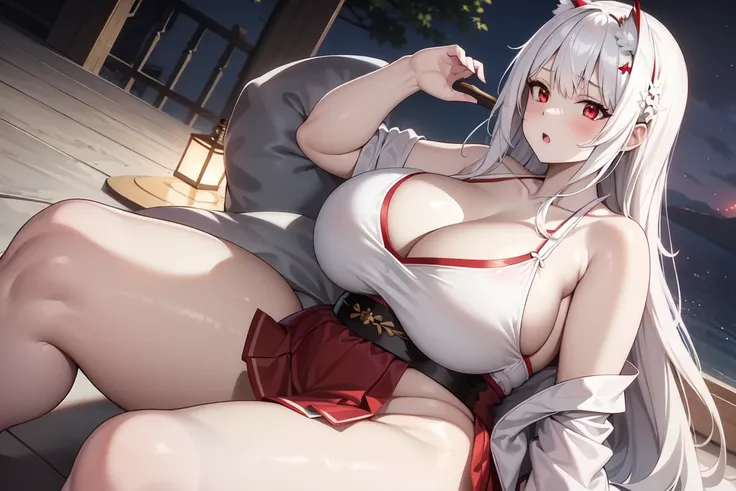 1girl, white hairs, red eyes, skimpy white-red kimono, long hair, massive breasts, mature, lake, night, cleavage, Oni, armored skirt