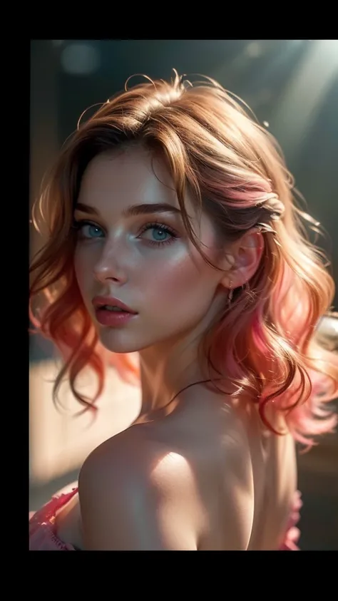 (((ultra realist))) photoshot, ​masterpiece, top quality, (pale skin), (Ultra-detailed face and eyes:1.3), 1 girl, adult, In Lifchik, ((Eye make up, pink mascara)), ((size, Detailed Lips)), ((pink wavy hair)), ((Chyolka)) , (Natural breasts), Slender waist...