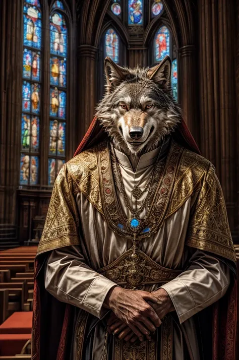 wolf, male, all body, realistic, priest, elderly, smile, church,