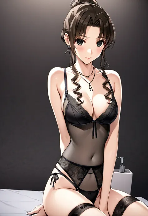 See through, Fancy black underwear　Soapland　Shy and seductive look　sexy　Sit on the mat　office lady　Japanese women　Manga illustration　Beautiful breasts　the body is slim　Highest quality　4K Chignon Hairstyle　Light brown black hair　hair ornaments　Fancy Necklac...