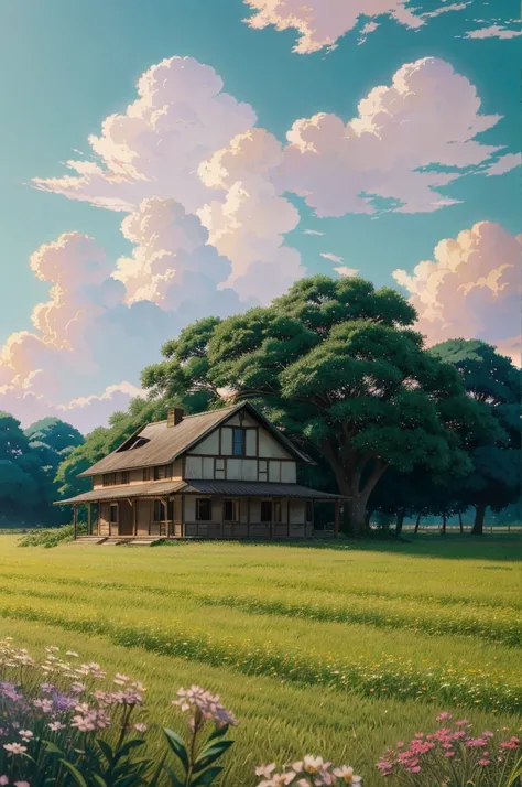 "painting of a house in a field with tree and flowers,Cyril rolado and goro fugita, anime art wallpaper 4 k, anime landscape wallpaper, makoto shinkai Cyril rolado, anime countryside landscape, anime art wallpaper 8 k, beutiful anime scene, beautiful puffy...