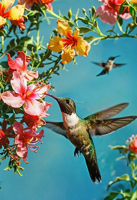 a beautiful flower being kissed by a hummingbird, highly detailed, 8k, photorealistic, intricate details, vibrant colors, natural lighting, shallow depth of field, cinematic composition, elegant, graceful, mesmerizing, dreamlike