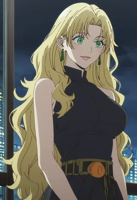 1girl, female gojo satoru, anime screencap from jujutsu kaisen, gojo satoru female version, solo, long_hair, ((green eyes)) ((Yellow hair,  wavy hair)), night view, (hanging breasts) upper_body, smile, indoors, book, lips, (long hair) ((wearing black color...