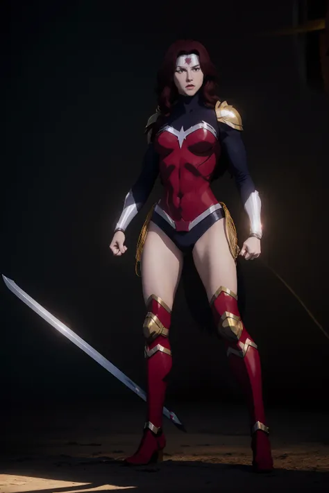 ((full body photo, standing, feet on the ground)) wonder woman a red-haired warrior with yellow eyes wearing black and gold supe...