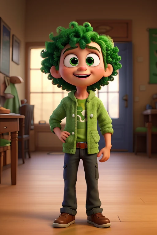 Inside Out character in Disney Pixar style in 3D, the character is a boy, green color skin, green curly curly hair