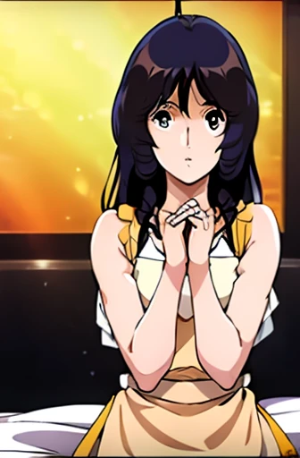 lynnminmay lynn minmay lin minmei, (brown eyes:1.7), dark purple-blue hair,  (flat chest:1.2), raised arms
break collarbone, ver...