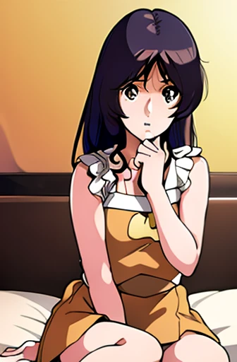 lynnminmay lynn minmay lin minmei, (brown eyes:1.7), dark purple-blue hair,  (flat chest:1.2), raised arms
break collarbone, ver...