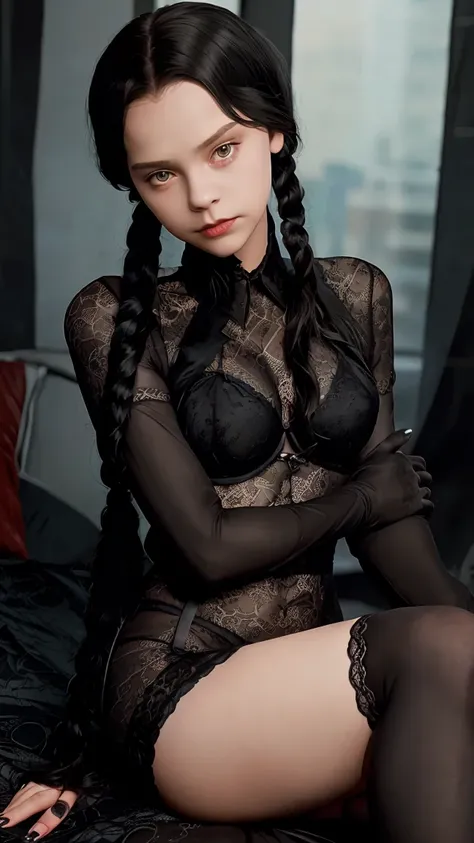 wednesday90,(((girl 10 years old))) ,sexy girl in dark lace lingerie and lace stockings,lace gloves large,open legs and arms,hai...