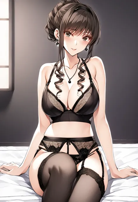 See through, Fancy black underwear　Soapland　Black Stockings　Shy and seductive look　sexy　Sit on the mat　office lady　Japanese women　Manga illustration　Beautiful breasts　the body is slim　Highest quality　4K Chignon Hairstyle　Light brown black hair　hair ornamen...