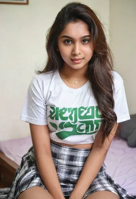 kerala girl, age 23, wearing t shirt and skirt, bedroom backgorund. cute, end good looking. just showing cleavage. sitting in ho...