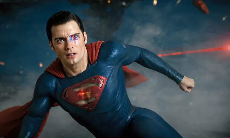 superman doing superhero landing while shooting red lasers out of eyes ,in a scenario with destruction ,, standard scenario , im...