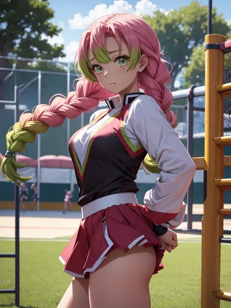 mitsuri in demon slayer anime, 1woman, as a cheerleader, wearing cheerleader outfit, at a playground, mitsuri's hair style, 8k, ...