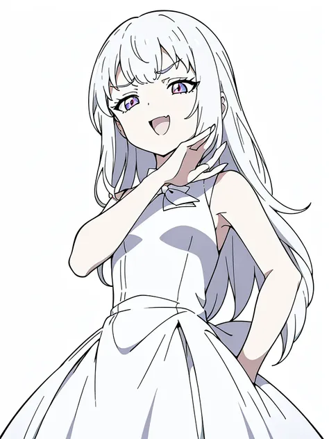 (1girl,8 years old,small),white hair,long hair,white dress, sleeveless, bow tie, bare shoulders,(white background,line drawing),...