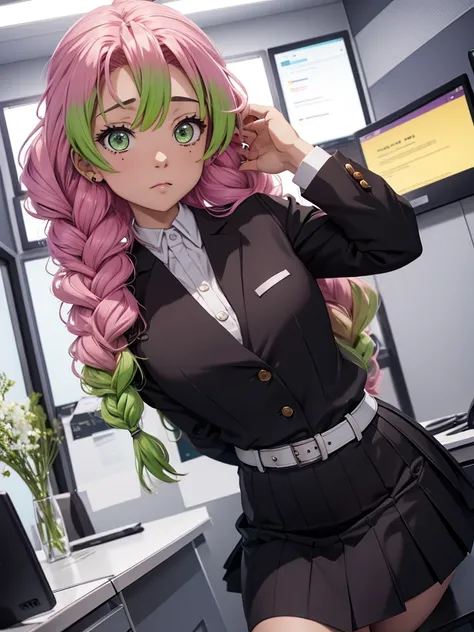 mitsuri in demon slayer anime, 1woman, as an office lady, wearing office suit, black colour tight skirt, at an office, mitsuri's...