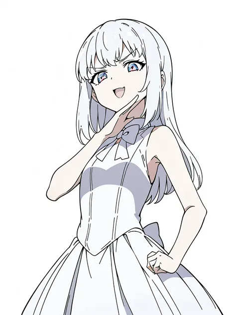 (1girl,8 years old,small),white hair,long hair,white dress, sleeveless, bow tie, bare shoulders,(white background,line drawing),...