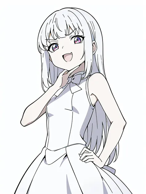 (1girl,8 years old,small),white hair,long hair,white dress, sleeveless, bow tie, bare shoulders,(white background,line drawing),...