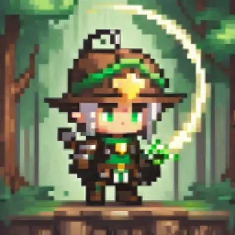 a chibi male character in brown and green ranger armor from a forest fantasy world, holding a magical bow. he has elf ears and a...