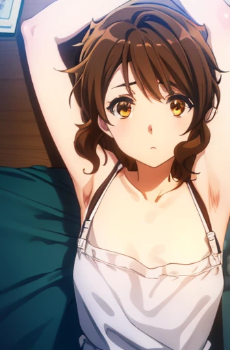 kumikooumae kumiko oumae (brown eyes:1.7), short curly brown hair, (small chest:1.2), raised arms break collarbone, very short a...