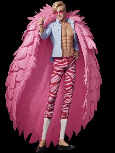 A man with short blond hair, strong defined body, with pink feather coat, COM CAMISA BRANCA, with red striped pants, with pink glasses, is smiling